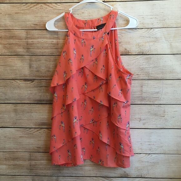 ATTENTION RUFFLE TANK TOP IN CORAL PARROT PRINT - Picture 1 of 7